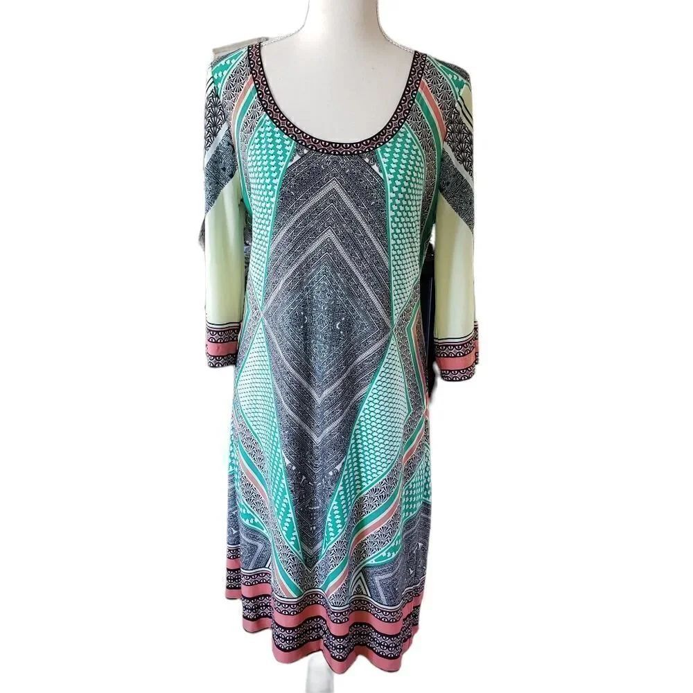 Calvin Klein 3/4 Sleeve Multicolored Shift Dress MEDIUM